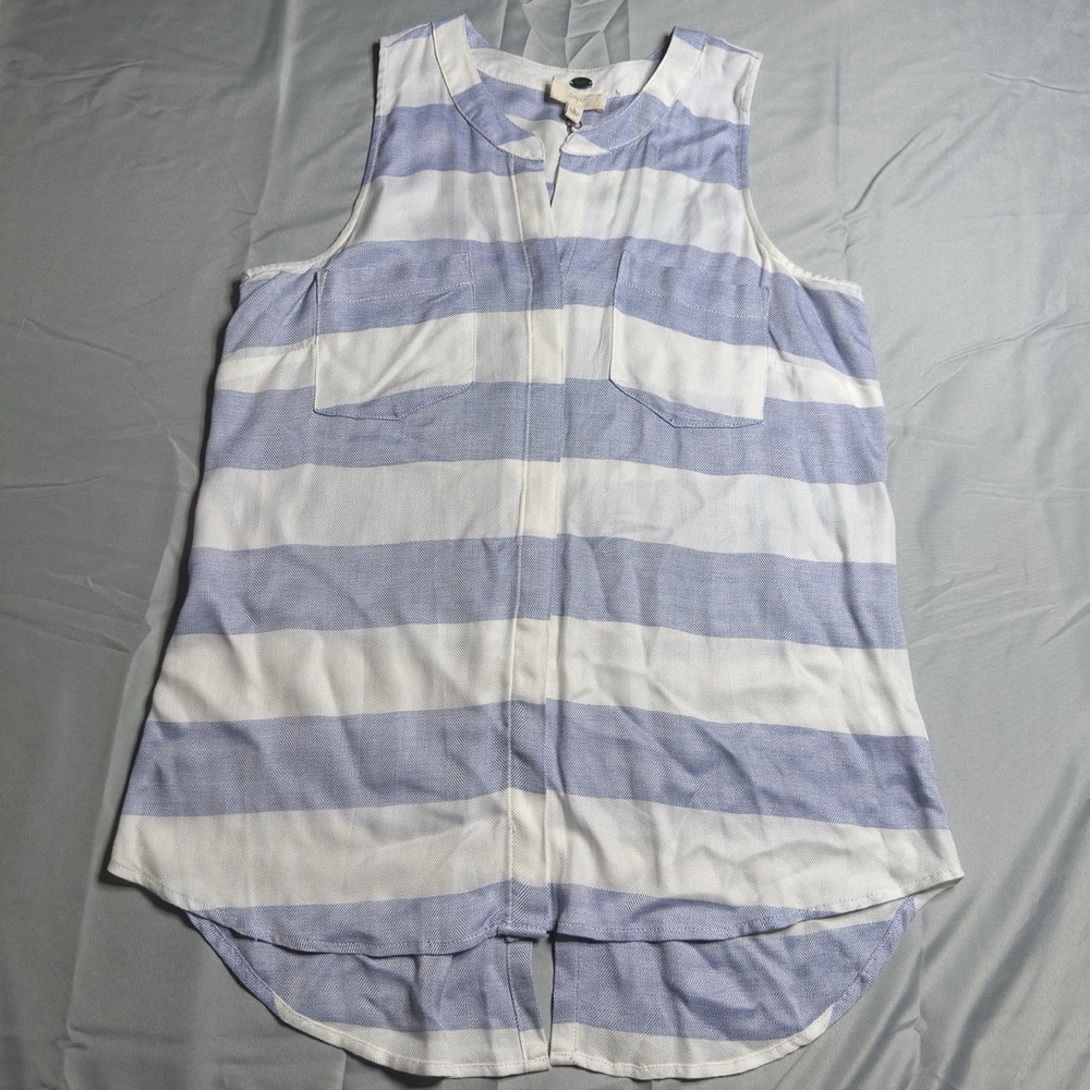 Cupio NWT Blouse Large Blue White Stripes Sleeveless Button Down Abalone Buttons